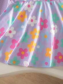 SHEIN Elladie kids 2件組女童幼兒簡約俏皮多巴胺彩色花卉短袖洋裝 多色粉色系 夏日休閒舒適套裝 - 紫色 - 查看 3