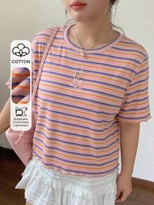 Dazy Plus Plus Size Cherry Embroidery Striped Crew Neck Fitted Summer T-Shirt Graphic Tee - Pink - View 1