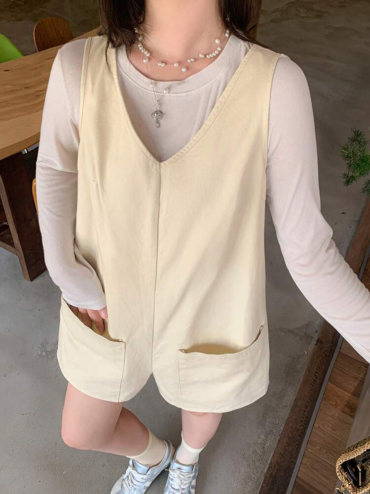 Dazy Plus Solid Color V-Neck Sleeveless Pocket Short Plus Size Women's Spring Summer Casual Jumpsuit