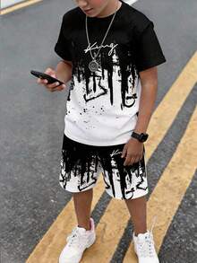 2件組青少年男孩夏季黑白漸層街頭風可愛印花短袖套裝，寬鬆版型T恤與運動短褲，派對穿搭，Sixth Form 寬鬆風格 - 彩色 - 查看 2