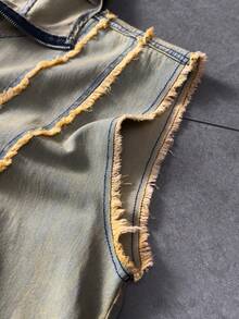 ROMWE MEN Atasan Denim Berkerudung Tanpa Lengan dengan Desain Berumbai, Resleting, dan Hem Elastis untuk Pria, Gaya Streetwear - Jahe - View 4
