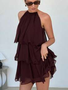 Lavishia Women's Ruffle Hem A-Line Mini Dress, Elegant Sexy For Vacation And Party Night Out Night Out Burgundy Summer - Coffee Brown - View 1