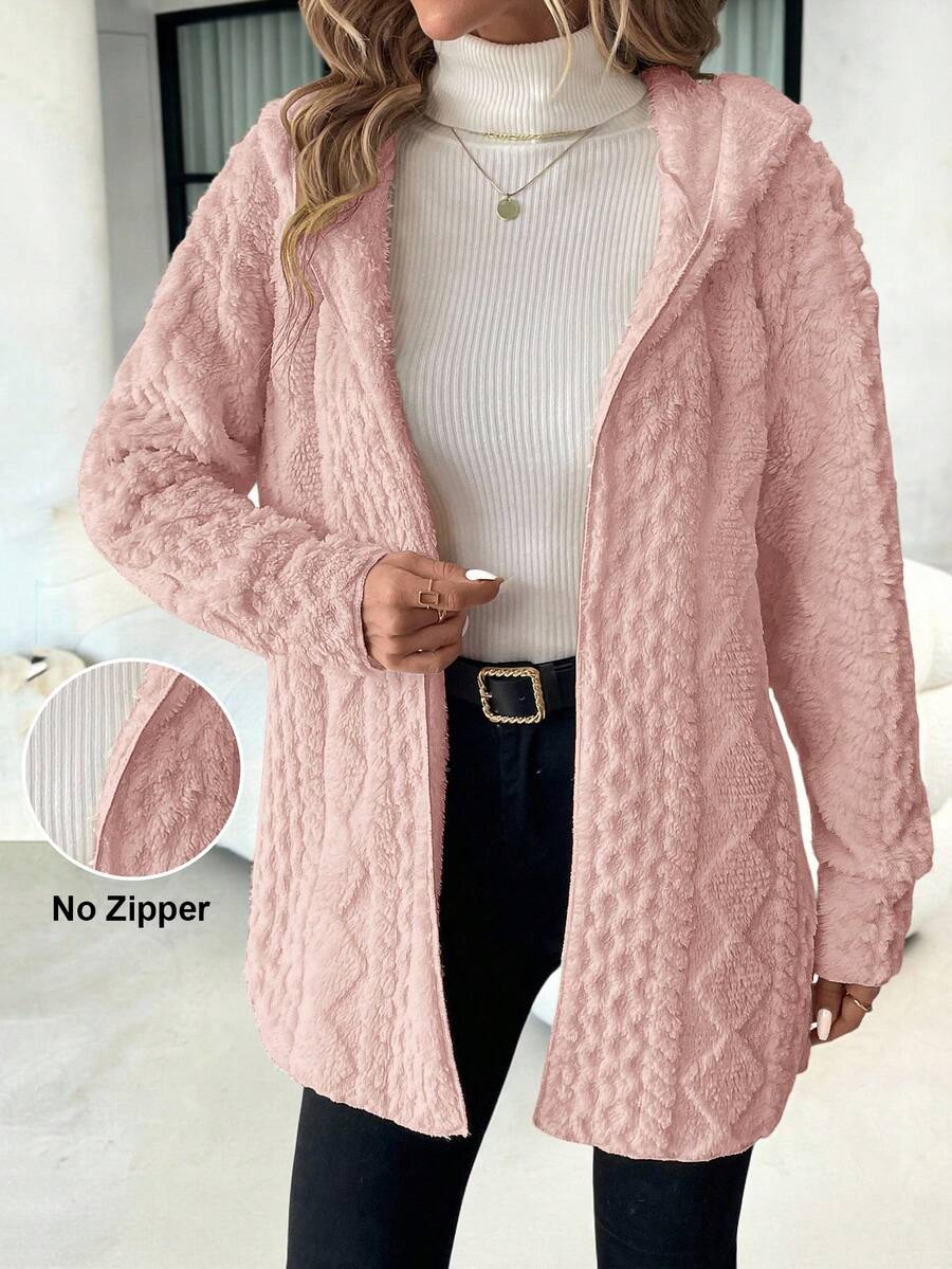 SHEIN Clasi Women's Long Sleeve Zip-Up Hooded Textured Fleece Jacket In Fall/Winter - Dusty Pink - View 1