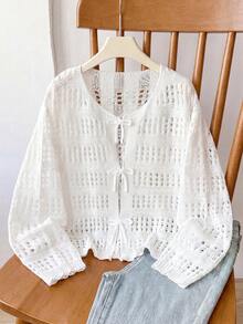SHEIN Cardigan Rajut Berongga untuk Remaja Perempuan, Cocok untuk Jalan-jalan Santai, Liburan Pantai, Acara Kumpul-kumpul, dan Kesempatan Lainnya, Nyaman, Serbaguna, dan Lembut - Blue and White - View 4