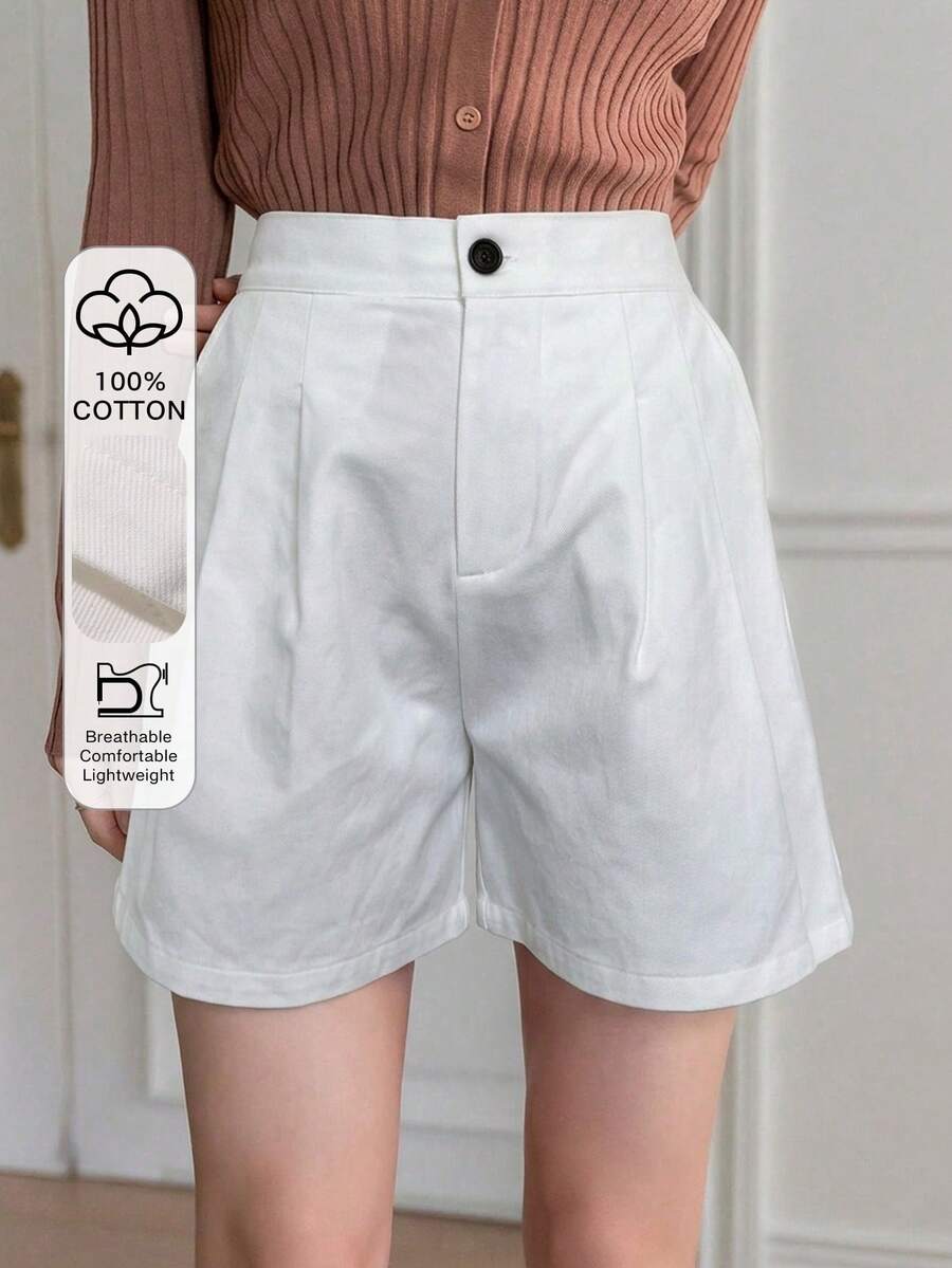 DAZY Celana Pendek Lipit Longgar Warna Polos untuk Wanita, Cocok untuk Bisnis Kasual - Putih - View 1