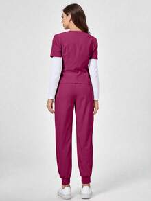 TaskEZ Short Sleeve Top And Long Pants Scrub Uniform Set - Red Violet - View 2