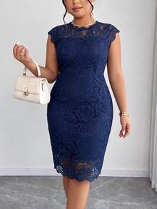 Elenzga Plus Size Women Lace Elegant Waist Gathering Party Dress Summer Spring Wedding Guest Party - Blue - View 4
