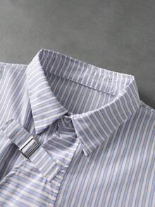 ROMWE MEN Street Life Men's Striped Short Sleeve Button-Down Casual Shirt - Blue - View 3