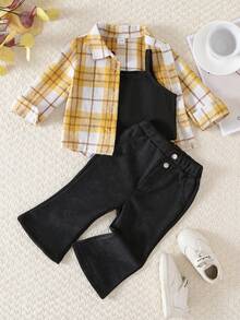 SHEIN Playful Pals 3件組女嬰時尚休閒套裝：格紋長袖襯衫 + 吊帶短版背心 + 喇叭牛仔褲 - 黃色 - 查看 4