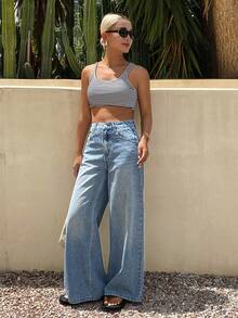 DAZY Women's Regular Waist Loose Straight Leg Jeans With Star Print, Casual Backside Design Everyday Blue Summer - Medium Wash - View 5