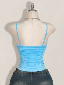 SHEIN ICON Top de tirantes Y2K con encaje de contraste y fruncido - Azul - Ver 2
