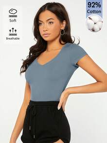 SHEIN BASICS Women's Solid Color V-Neck Casual Versatile Daily Outing Short Sleeve T-Shirt - Blue - View 9
