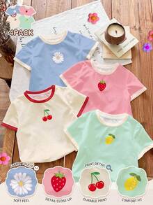 SHEIN LMoss Kids 4pcs/Set Young Girls' Casual Basic Round Neck Short Sleeve T-Shirts, Spring/Summer, School, Campus, College - Multicolor - View 3