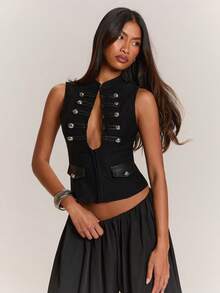 SHEIN BAE Top de tirantes sexy con abertura y doble botonadura estilo hip-hop de moda para mujer - Negro - Ver 4