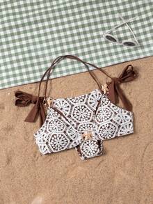 Bonvoyette Conjunto de Maiô Bikini Feminino de Duas Peças para Verão, Moda Praia Elegante Premium, Tecido de Tricô Vazado com Decoração Requintada de Estrela do Mar Metálica, Sexy, Costas Abertas, Adequado para Praia, Natação e Férias de Verão - Multicolorido - Visão 7