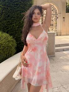 Aloruh 女款掛脖撞色不對稱下擺時尚性感迷你洋裝 - 彩色 - 查看 6