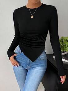 SHEIN Raffinéa Women's Solid Color Round Neck Long Sleeve Asymmetric Hem T-Shirt - Black - View 6