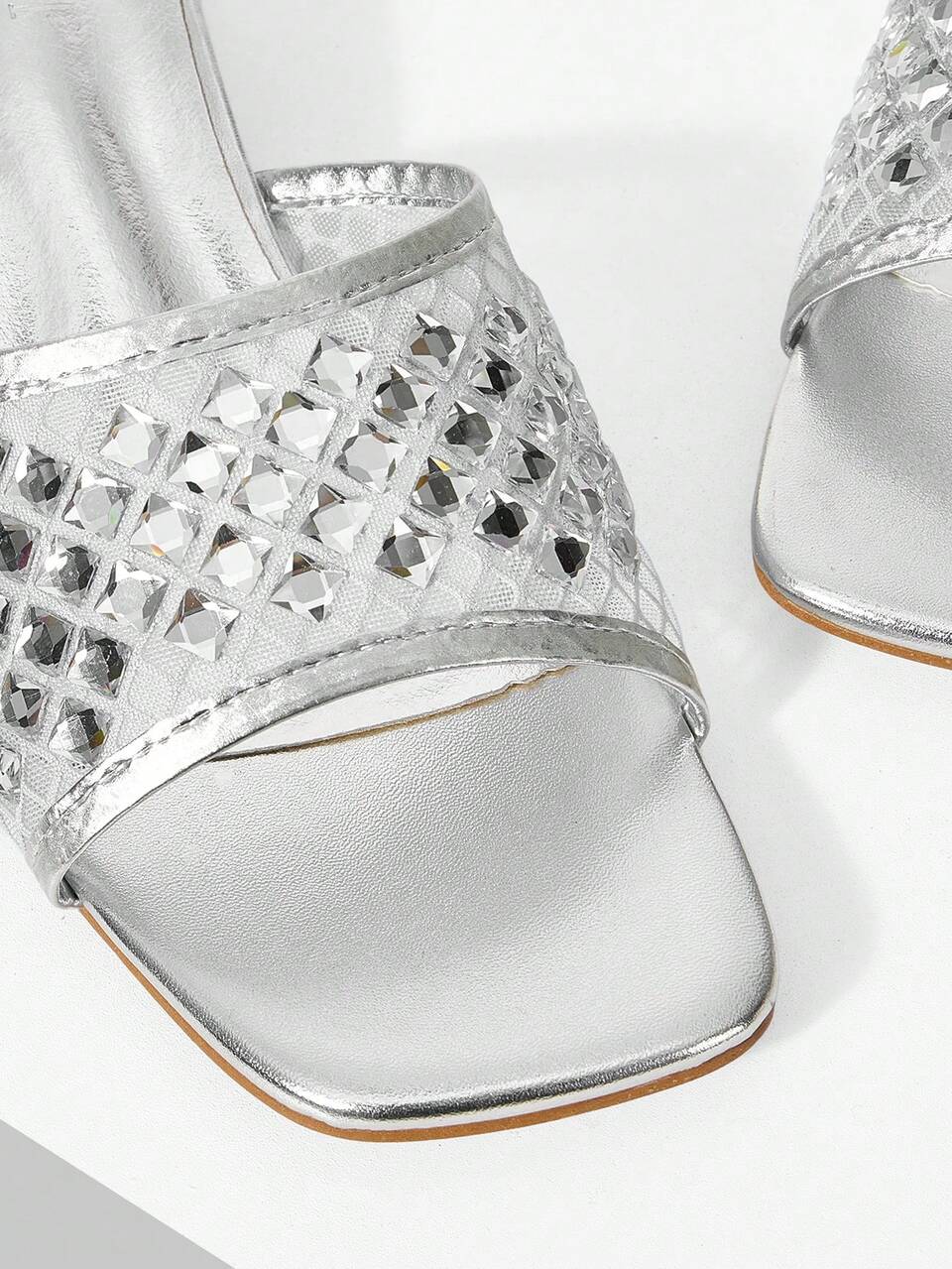 WOMEN SHOES NEW FRENCH RETRO FASHION SQUARE TOE MESH HOT DRILL HOLLOW THICK HEEL SANDALS, SILVER ELEGANT AND COMFORTABLE VERSATILE SUMMER