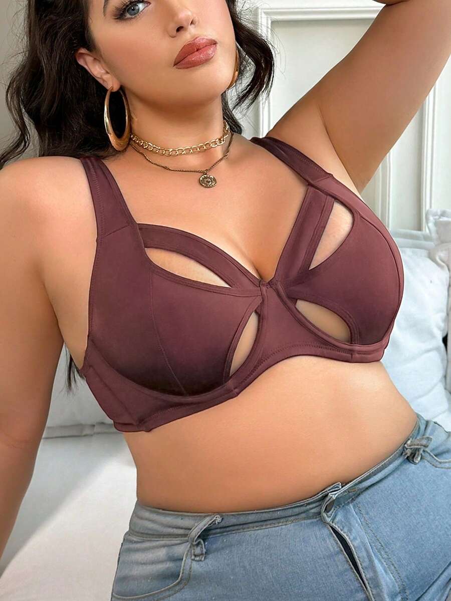 AltCore Lencería de talla grande con diseño de patchwork calado, cómoda, con aros y Bottom fina - Color caoba - Ver 1