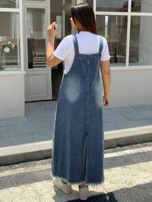 Dazy Plus Dark Wash Distressed Denim Pinafore Maxi A-Line Dress, All Season - Medium Wash - View 2