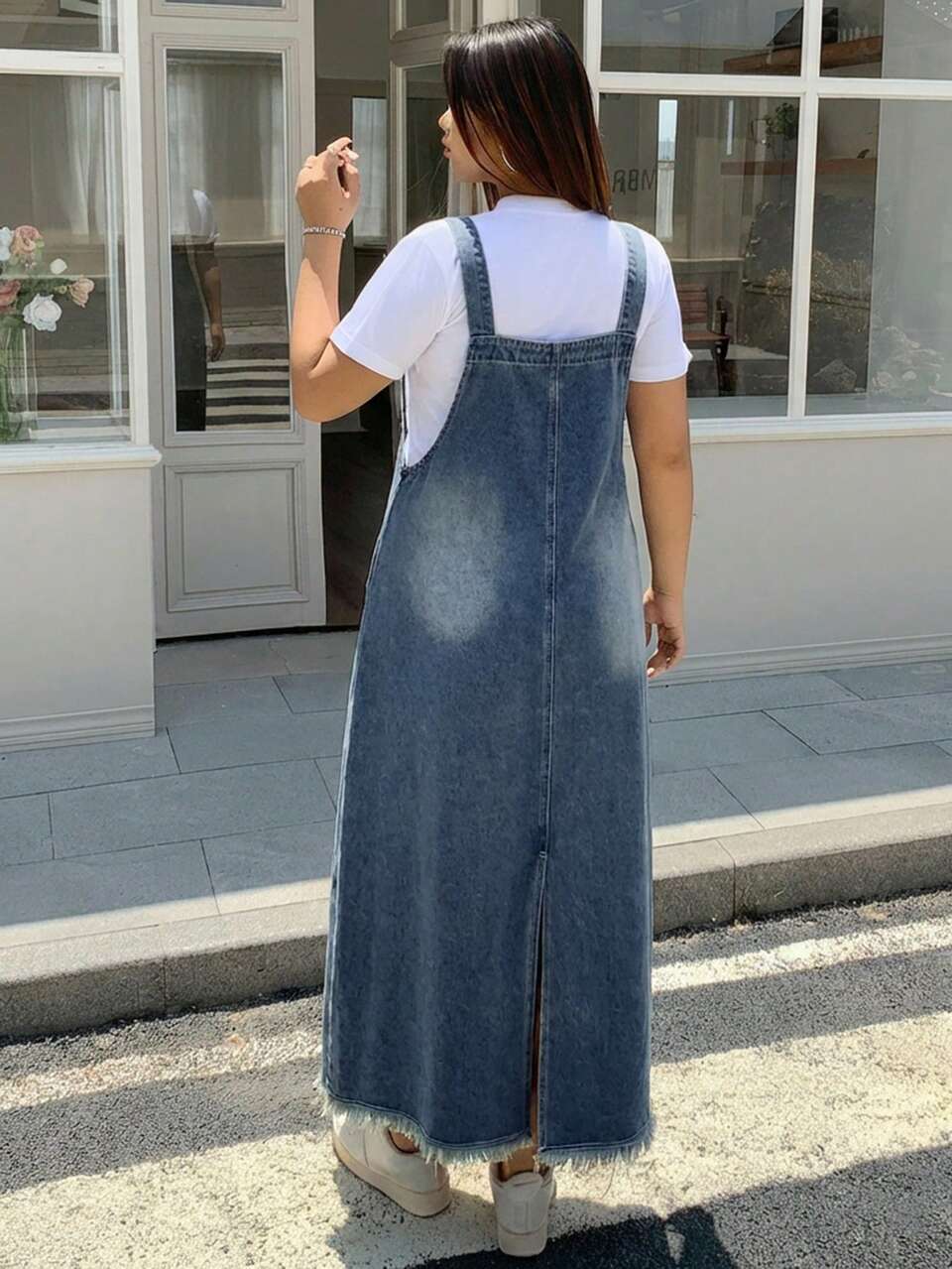 Dazy Plus Dark Wash Distressed Denim Pinafore Maxi A-Line Dress, All Season