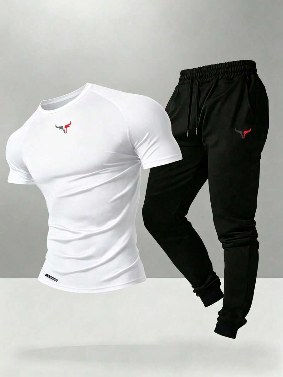 Gym Rark Men's Bull Head Print Raglan Short Sleeve T-Shirt And Pants Sports Set - White - View 1