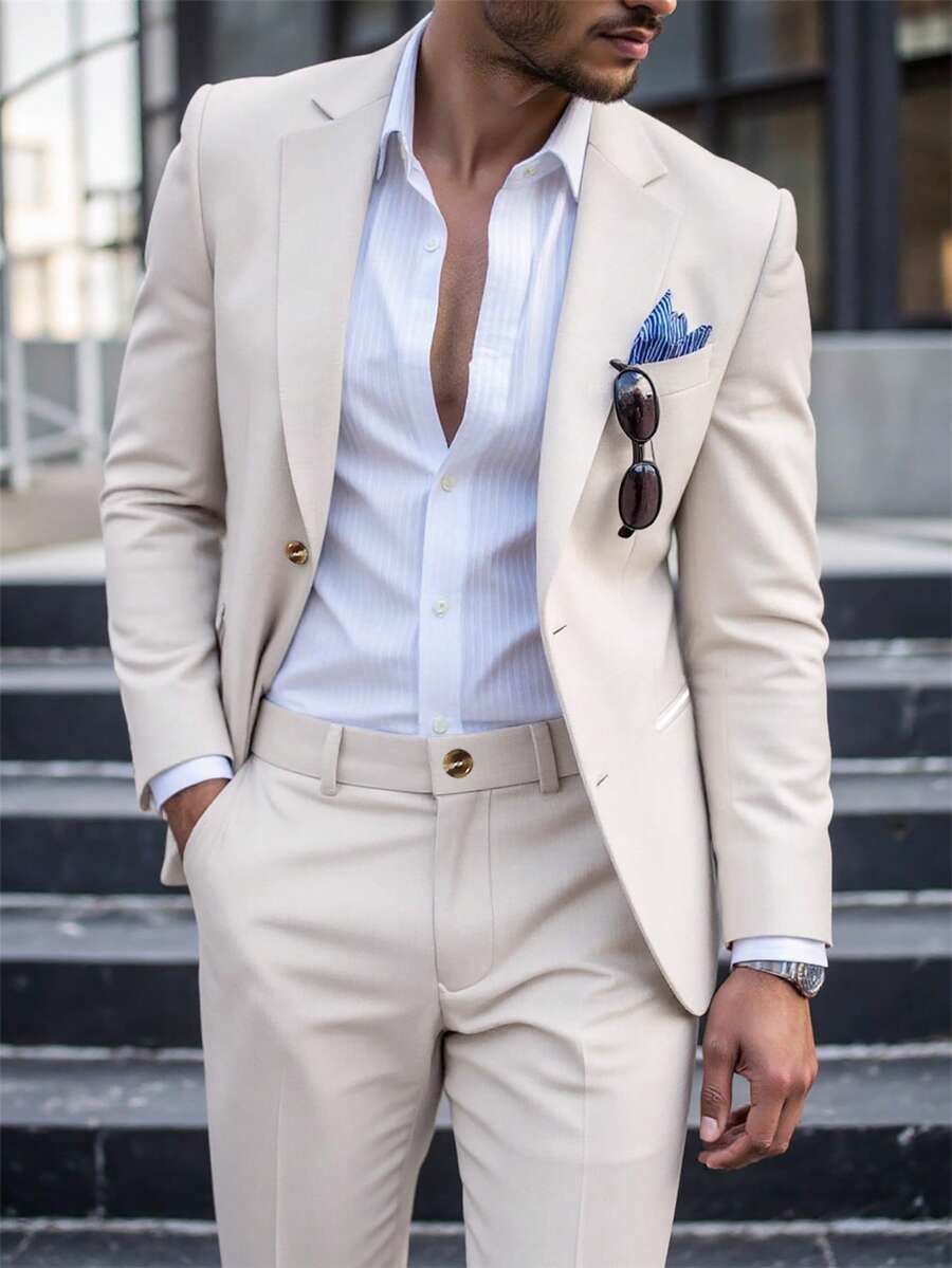 Manfinity Mode Men's Single-Breasted Lapel Solid Color Pocket Casual Blazer, Formal - Apricot - View 1