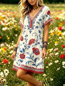 Selamara Bohemian Stil Digitaldruck V-Ausschnitt Kurzarm Top Platzierung Muster Damen Sommerurlaub Lässig Vintage V-Ausschnitt Kleid - Verschiedenfarbig - Übersicht 4