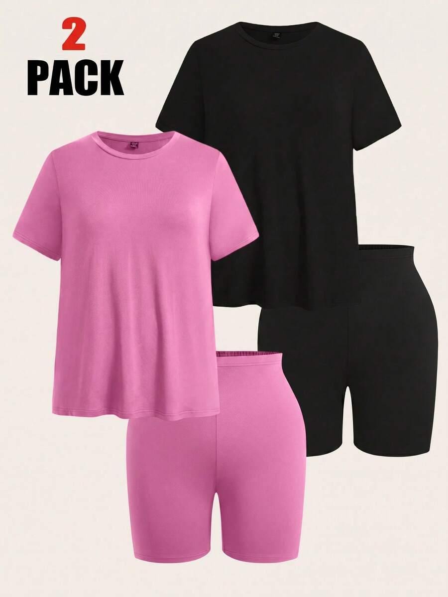 SHEIN EZwear 粉色大尺碼純色套裝 2件短袖上衣 + 2件及膝長褲 4件組 - 粉色 - 查看 1