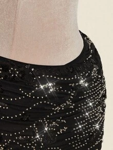 Sweetina Falda ajustada y sexy con pliegues, bordada con lentejuelas para mujer - Negro - Ver 6