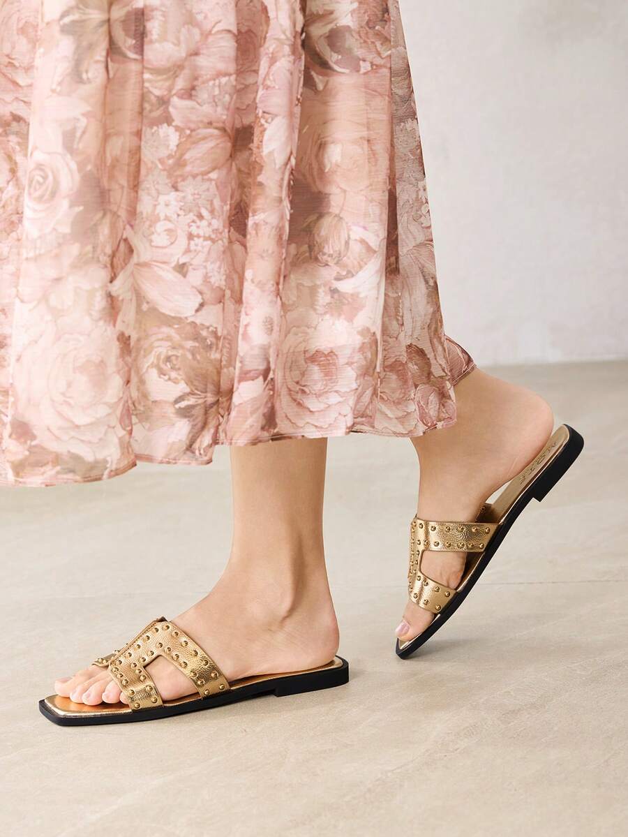 MOTF WOMEN'S SUMMER FASHION STREET CASUAL COMMUTE RIVET DECOR OPEN TOE FLAT SANDALS SPRING SHOES - Champagne - View 2