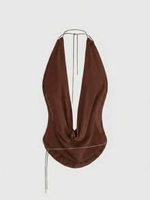 ROMWE Vintage Y2K Hot Girl Neckline Sequin Embroidered Deep V Cowl Neck Halter Tank Top For Women - Brown - View 7