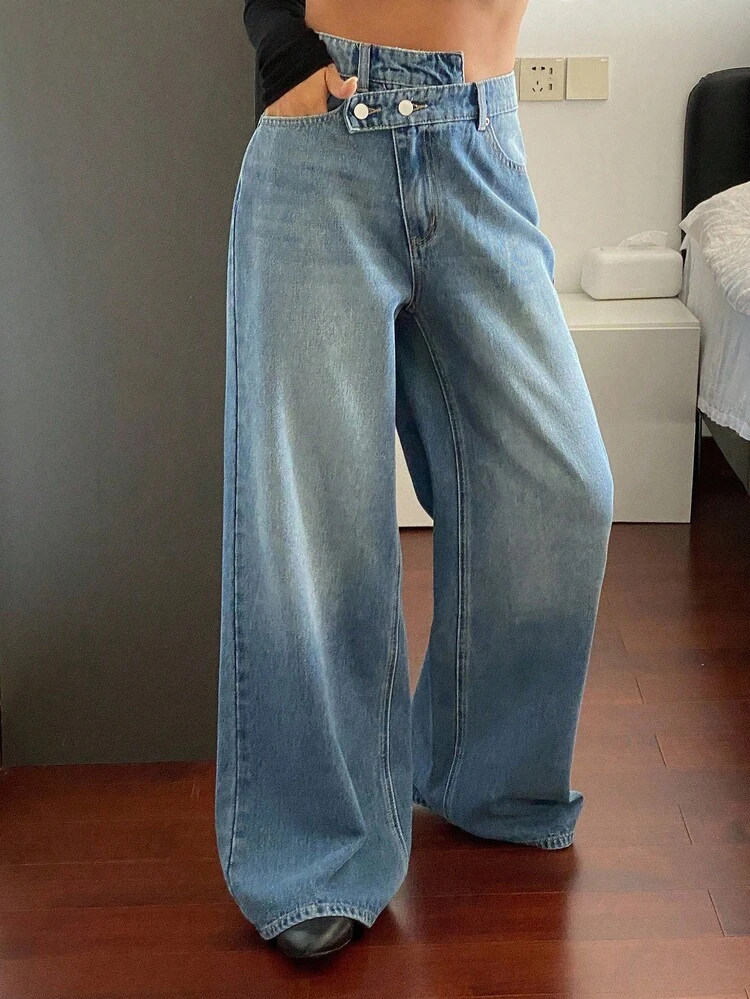 Women's Asymmetrical Waistline Design Straight Leg Casual Denim Jeans
