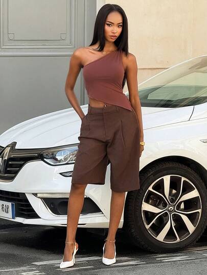 Mima John Valentine's Day Burgundy Red Twist One Shoulder Top Elegant Slim Top For Women,Summer Top