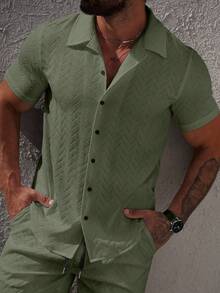 Manfinity Homme Camisa casual versátil de manga corta con textura y abotonadura sencilla para hombre - Verde militar - Ver 3