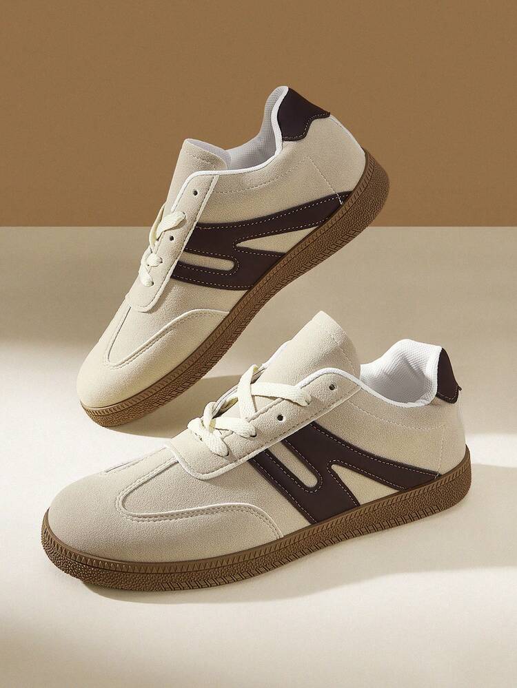 CUCCOO EASI Women's Lace-Up Splicing Round Toe Flat-Bottomed Casual Sneakers Simple And Comfortable Daily Outdoor Casual PU Leather Coffee Brown Casual Sneakers