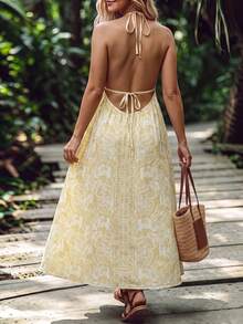 SHEIN LUNE CURVE Plus Size Women's All-Over Print Pleated Casual Boho Party Beach Vacation Halter Neck Tie Dress Yellow Summer - Yellow - View 2