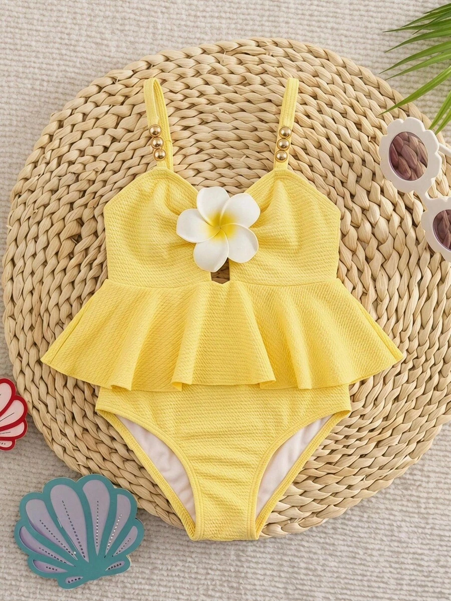 SHEIN 少女針織3D花朵連身泳衣 - 黃色 - 查看 1