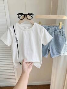 Setelan Kaos dan Celana Pendek Lengan Pendek Leher Bulat Motif Huruf Kasual Musim Panas untuk Anak Laki-Laki - MultiWarna - View 6