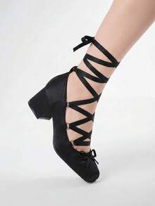 ROMWE Kawaii Minuet Mid Heel Satin Bowknot Ballet French Style Square Toe - Black - View 4