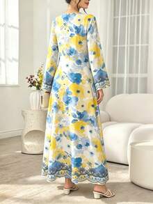 SHEIN Najma 藍黃水彩花卉與幾何仿刺繡蕾絲印花女款時尚V領長袖花卉洋裝，白色底花卉圖案優雅長裙，舒適春夏季女裝 - 彩色 - 查看 2
