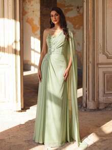 Aureia Abito elegante formale in chiffon verde salvia con perline e strass, scollo a bustier, steccato a pesce, scialle e linea ad A, per invitata a matrimonio, gala, ballo di fine anno, serata, addio al nubilato, estate - Verde - Visualizzare 5