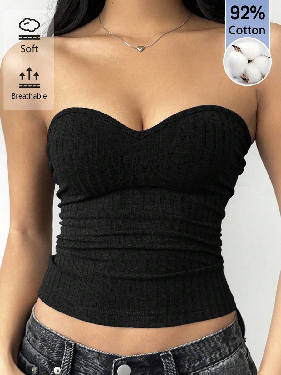 SHEIN BASICS 女款素色百褶貼身性感抹胸上衣 - 黑色 - 查看 1