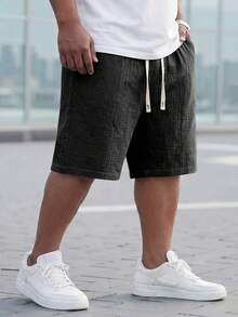 ResortEase 3pcs Plus Size Men's Comfortable Solid Color Drawstring Waist 100% Cotton Shorts, Summer Linen - Black - View 3