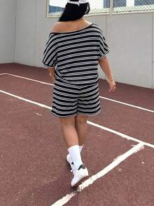 Muchica Plus Size Women's One-Shoulder Black And White Top And Shorts Casual Everyday Two Pieces Set Formal Vacation Summer - Black and White - View 2
