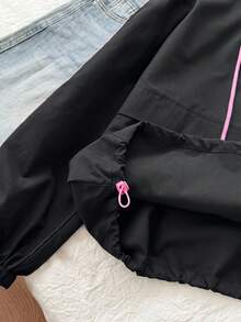 SHEIN EZwear 大尺碼女款側條紋長袖前拉鍊抽繩連帽夾克 - 黑色 - 查看 6