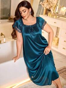 MuseNap CURVE Plus Size Women's Solid Color Square Neck Lace Patchwork Loose Nightgown - Teal Blue - View 7