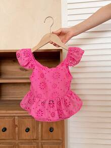 SHEIN LMoss Kids 少女刺繡蝴蝶結背心上衣，百搭夏季度假穿搭 - 玫紅色 - 查看 2