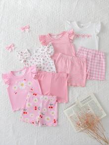 SHEIN Playful Pals 韓式甜美女童T恤短褲套裝，荷葉邊裝飾、飛袖、蝴蝶印花、條紋、小雛菊、花卉圖案，柔軟夏季百搭女嬰套裝，多色可選 - 粉色 - 查看 6