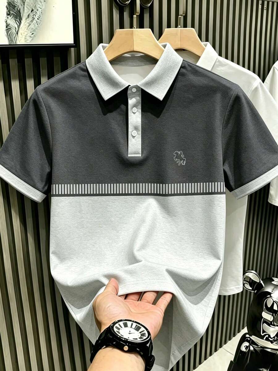 Manfinity Hypemode Men's Retro Sports Style Colorblock Patchwork & Striped Noble Horse Logo Silhouette Polo Shirt - Multicolor - View 1